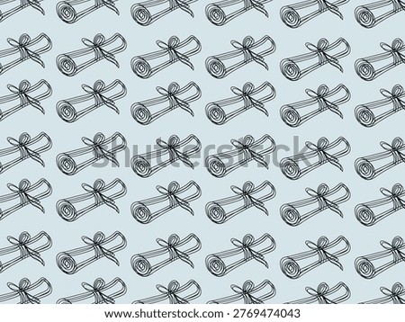 Pattern of hand-drawn diploma scrolls with ribbons, arranged diagonally on a light blue background. Each scroll features a simple outline design, consistently spaced to create a seamless, repeating pattern. The ribbon is drawn with loops and tails, adding a decorative touch to the otherwise minimalistic style.
