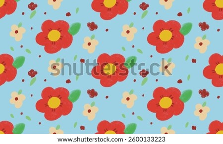 pattern handrawn of red and yellow flower with light blue background designs