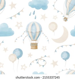 Pattern and hot Air Balloons  Clouds   moon in the sky  Watercolor seamless background for Kids  Cute Print for childish textile design wallpaper