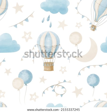 Pattern with hot Air Balloons, Clouds and moon in the sky. Watercolor seamless background for Kids. Cute Print for childish textile design or wallpaper