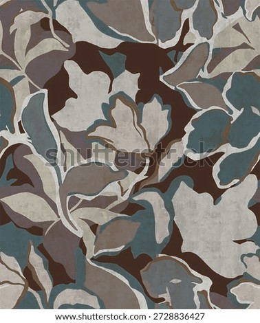 The pattern in the image is a seamless, abstract floral or leaf design, commonly used for textiles or as a digital print wallpaper and with sea green,coffee colour background 