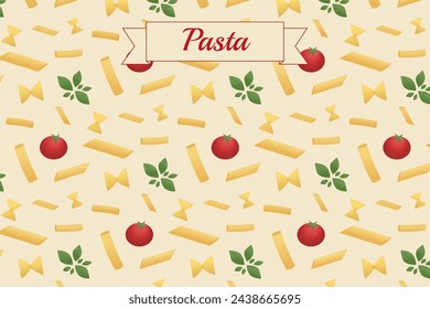 Pattern of italian penne, maccheroni and bow tie pasta, with basil and tomato, on a light background. - Powered by Shutterstock