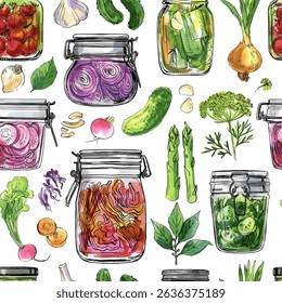 Pattern Jars with fermented vegetables. Tomatoes and cucumbers in a glass jar. Watercolor illustration of food on a white background. Color and ink	