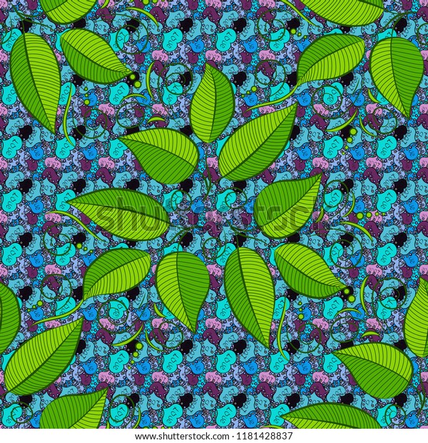 Pattern with leaf. Cute leaves pattern on\
blue, green and black colors for textile, wallpaper, wrapping,\
paper. Seamless pattern with colorful autumn\
leaves.