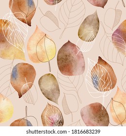 Pattern with leaves.Graphic and watercolor leaf.Autumn seamless pattern.Wallpaper,wrapping paper,fabric design