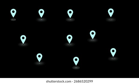 A pattern of light blue location pin icons, each with concentric circles, is distributed across a black background, suggesting multiple locations or data points.