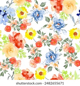 Pattern of light watercolor bright flowers. Summer ornament. Seamless background of blooming roses, poppies, cornflowers and colorful flowers. Sunny joyful print. For printing on fabric. - Powered by Shutterstock