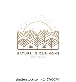 Pattern logo of nature elements on white background. Linear icon of landscape with trees and sun - business emblems, badge for a travel, farming and ecology concepts, health and yoga Center.
