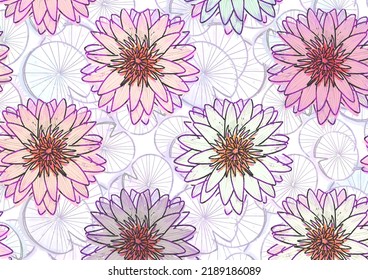 Pattern Of Lotus Illustration In Light Pink, Yellow, And Purple Colours. Suitable For Paper, Fabric Or Textile Printing.