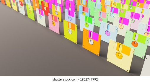 pattern of many pastel colored floppy disks with space for text. 3d rendering
