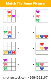 Pattern Matching Worksheet. Match The Same Pictures. Educational Worksheet for Preschool Kids.