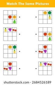 Pattern Matching Worksheet. Match The Same Pictures. Educational Worksheet for Preschool Kids.