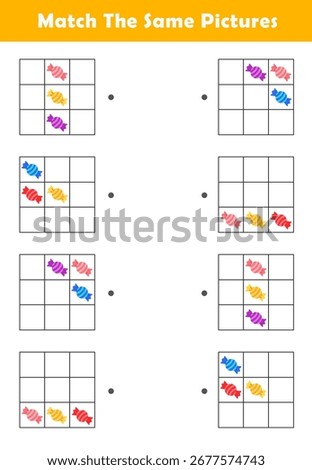 Pattern Matching Worksheet. Match The Same Pictures. Educational Worksheet for Preschool Kids.