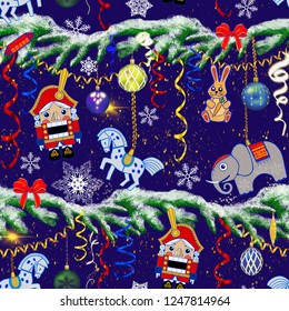 Pattern with a New Year's fairy tale nutcracker. The ornament consists of Christmas toys, bunny, elephant, Christmas toys, serpentine, bows, garland, snowflakes. Printing fabric, wrapping paper