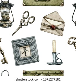Pattern with old vintage objects. Watercolor hand drawn illustration.