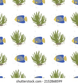 Pattern On A White Background Yellow With Blue Stripes Fish Angels Green Algae Kelp