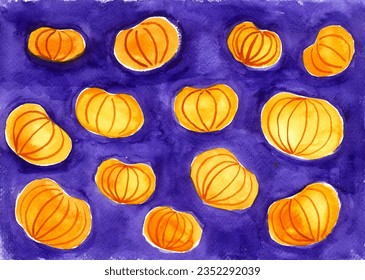 Pattern of orange pumpkins on a blue violet background. Watercolor blur. Different shades. Decorative pumpkins of different sizes. They have dark orange stripes.
