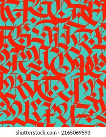 Pattern, ornament in the Gothic style.   Medieval alphabet. Trendy red letters on a turquoise background. Calligraphy and lettering. Medieval Latin letters. Elegant pattern for fabric and packaging.