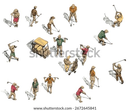 Pattern, ornament made of illustrations of golfers on the field top view, graphic, hand drawn ink sketches in pastel colors, golf cart buggy, clubs, players, athletes. High quality photo