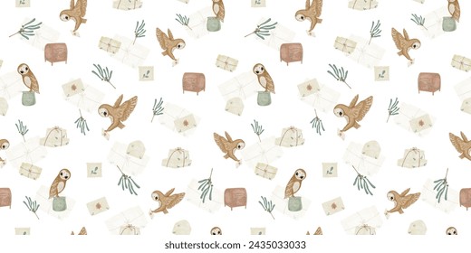 pattern with owls and leaves and plants