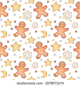 Pattern in pastel shades. Christmas ginger cookies. Gingerbread man, stars, snowflakes, moon. The image is hand-drawn and isolated on a white background. Watercolor. - Powered by Shutterstock