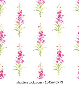 Pattern with pink fireweed. Hand drawn watercolor background for wallpaper, wrapping paper, fabric and another design
