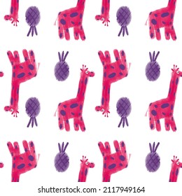 Pattern With Pink Giraffe And Pineapple 