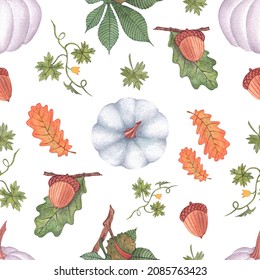 Pattern with pumpkins and autumn leaves.