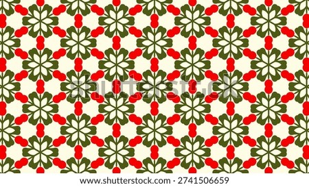 A pattern of red and green flowers. The flowers are in a green and white color scheme