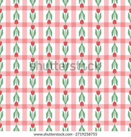 ​Seamless pattern with red tulip vines over a pink and white gingham check background. Cute cottagecore floral groovy illustration for spring textiles, wallpaper, and gift wrap.