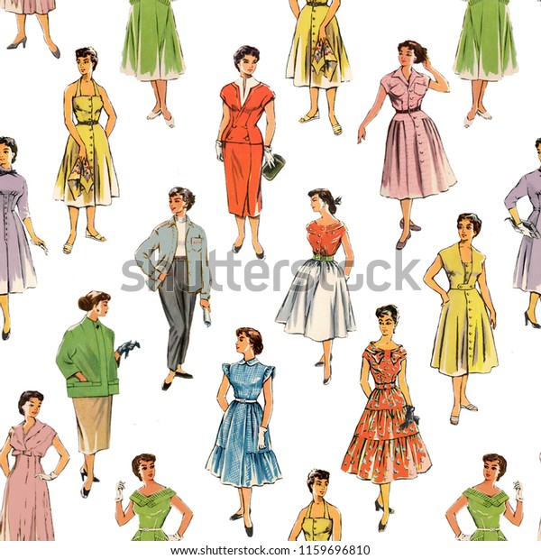 Pattern Retro Fashion 1950 Clothes Models Stock Illustration 1159696810