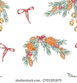 Pattern with ribbons, oranges, and pine leaves, painted in detailed watercolor illustration ideal for Christmas wrapping paper, craft design, product packaging, and printable papers.