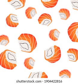 Pattern Rolls Of Rice And Salmon Falling Down.Isolated On A White Background.  Japanese Food