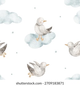 Pattern seagulls flying in clouds. Watercolor illustrations birds, doves, seabirds hand-drawn in nautical children's style. Isolated background for fabric design clothing textiles wallpaper postcards
