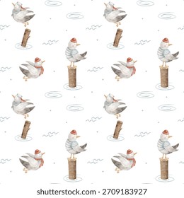 Pattern seagulls sailors standing on log, flying over water swirl. Hand-drawn watercolor illustration in children's marine style. Seamless print isolated from background for design clothing wallpaper