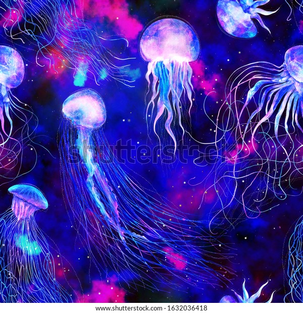 Pattern seamless  jellyfishes Space colorful\
repeat texture wallpaper  illustration Night galaxy mix with\
watercolor jelly fishes in bright style vivid blue purple violet \
isolated on dark\
background