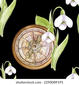 Pattern, seamless pattern with snowdrop and compass, travel, spring on black background. For the design of textiles, background, scrapbook, cover, paper, creativity.