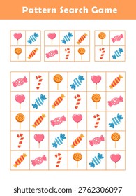 Pattern Search Game. Find the pattern in the search grid for kids. A puzzle game with cute candy illustrations for children. Fun picture-search game.