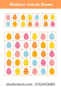 Pattern Search Game. Find the pattern in the search grid for kids. A puzzle game with cute easter egg illustrations for children. Fun picture-search game.