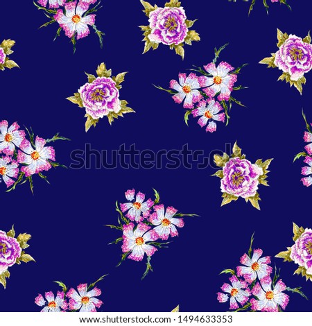 Pattern of simple flowers drawn by felt pen. Good for bedding, fabric, textile, wallpaper, wrapping, surface.  On  white background. Illustration.