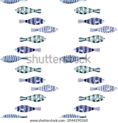 Pattern with simple stylized watercolor fish on white background.