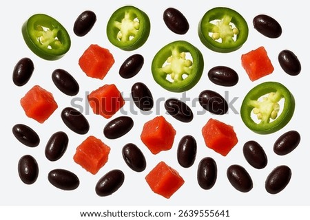 Pattern of sliced jalapeños, diced bell pepper, tomato and black beans arranged on a white background—wallpaper ideal for packaging, Mexican food theme, or ingredient visuals. AI generated
