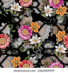 Pattern with spring flowers Pattern with spring flowers with branch, on black background with flower silhouette