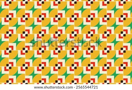 A pattern of squares in yellow, green, and red. The squares are in different sizes and are arranged in a way that creates a flower-like design