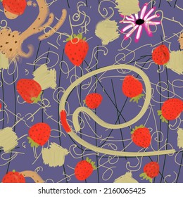 pattern with strawberries seamless, beige paint stains, lines, pattern for fabric and clothes.