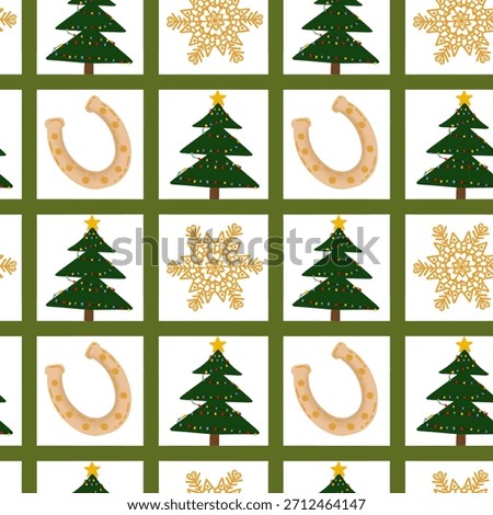 A pattern for a tablecloth with green trees, snowflakes, and holiday symbols arranged in a grid. It represents festive decor for celebrations.