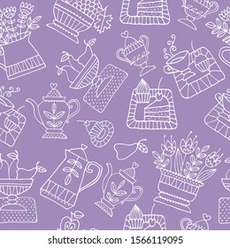 pattern tea, teapots, cups,coffee cup, fruit in a vase, cake,decorative flowers