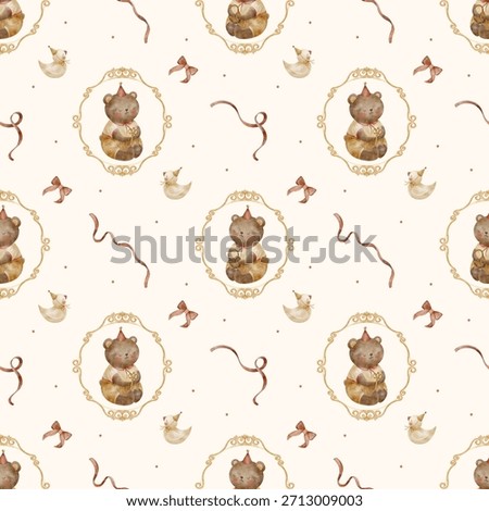 Pattern teddy bear in vintage frame, red bows ribbons. Hand-drawn watercolor illustration in children's style. Print on pastel beige background for design baby textiles clothing wallpaper packaging