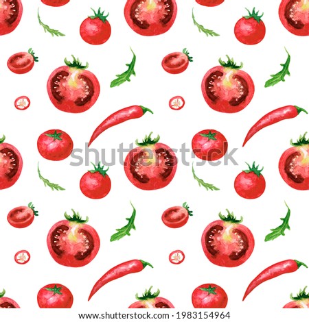 Pattern tomatoes and hot peppers. The image is hand-drawn and isolated on a white background. Watercolour painting.