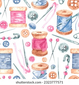 Pattern of tools for sewing on a white background. Threads, needles, pins hand-drawn watercolor elements for the design of textiles, fabrics, logos, postcards, business cards